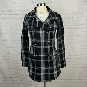 Billabong Jacket Womens Medium Black Plaid Tapered Waist Pea Coat With Pockets